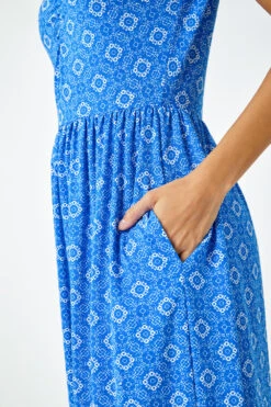 Royal Blue Tile Print Midi Stretch Dress -Outlet Modi Qube Store 00053bea e9fb 47c4 9f4a dd039d01fbc6