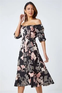 Black Tropical Print Tiered Midi Wrap Dress -Outlet Modi Qube Store 02095a70 25d1 41c7 a999 c8597be1388f
