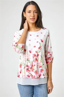 Pink Floral Asymmetric Chiffon Hem Top