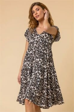 Camel Animal Print Panel Stretch Dress