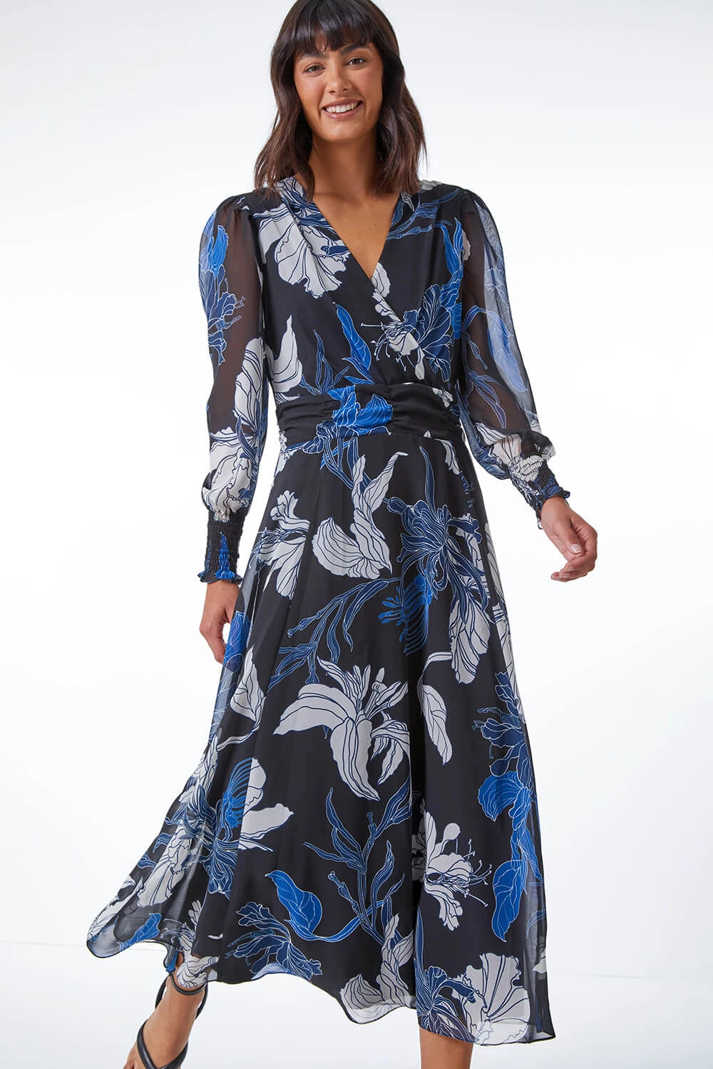 Blue Floral Print Chiffon Wrap Midi Dress 3 Blue Floral Print Chiffon Wrap Midi Dress