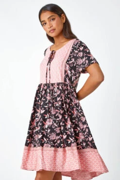 Black Floral Border Print Smock Dress
