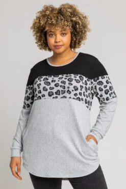 Grey Curve Animal Print Colourblock Top