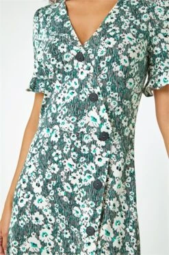 Green Floral Print Button Detail Midi Dress