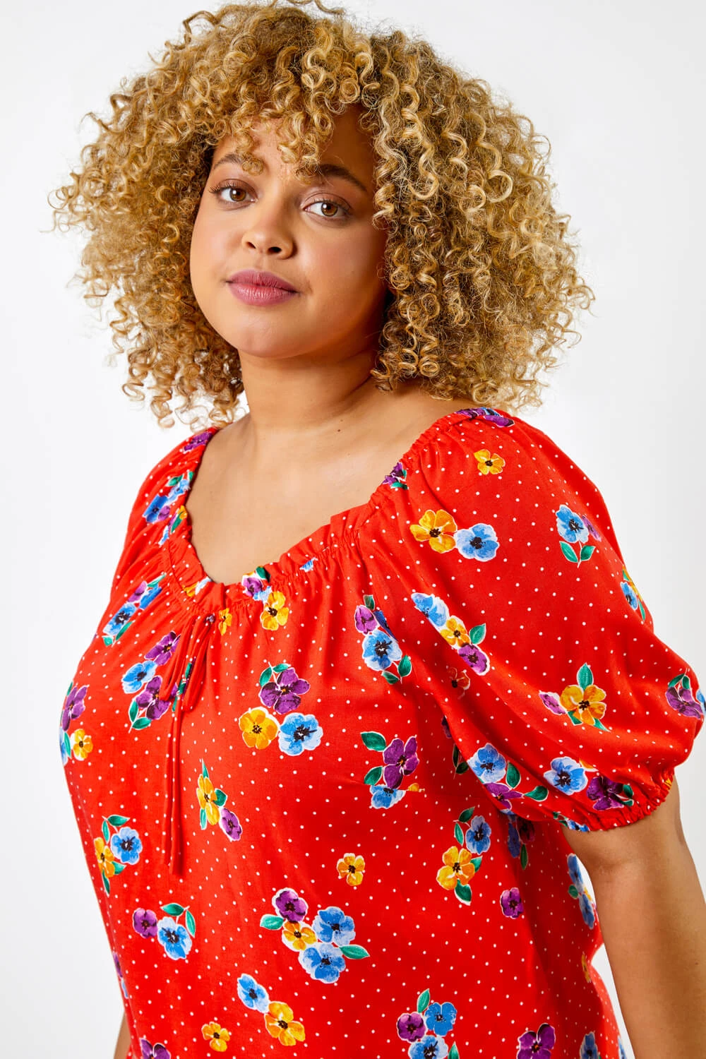 Red Curve Spot Floral Print Sweetheart Neck Top 6 Red Curve Spot Floral Print Sweetheart Neck Top - Image 4