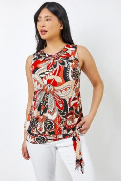 Rust Petite Paisley Print Necklace Detail Top