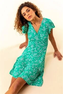 Green Petite Floral Print Ruffle Dress
