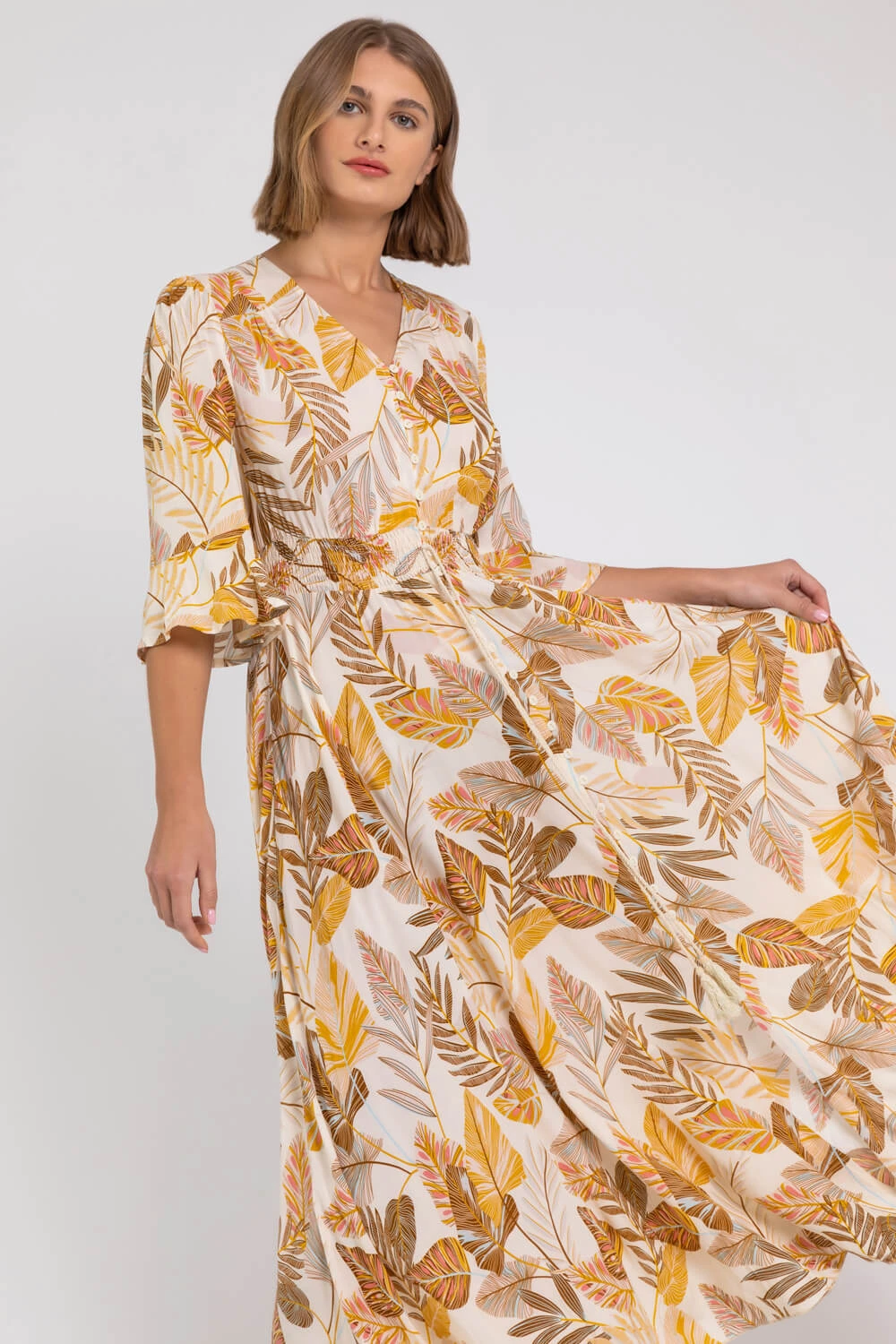Ivory Leaf Print Frill Detail Maxi Dress 6 Ivory Leaf Print Frill Detail Maxi Dress - Image 4