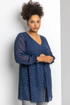 Navy Curve Foil Spot Print Split Front Top