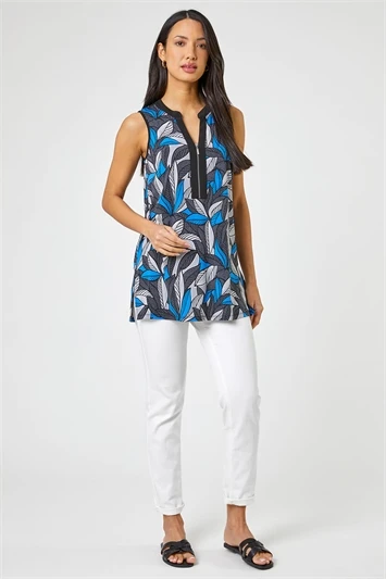 Grey Textured Leaf Print Zip Front Top 6 Grey Textured Leaf Print Zip Front Top - Image 4