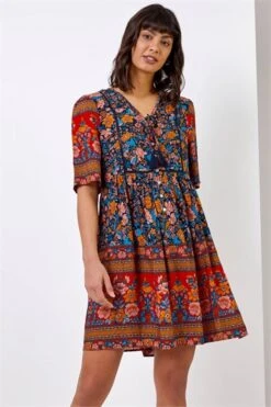 Beige Animal Print Frill Hem Smock Dress