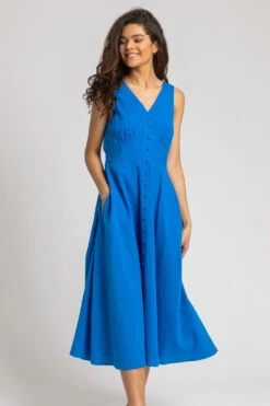 Royal Blue Button Detail Cotton Midi Dress