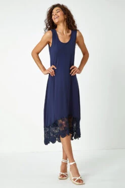Navy Crochet Hem Stretch Midi Dress