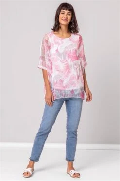 Pink Stripe Print Mesh Overlay Top