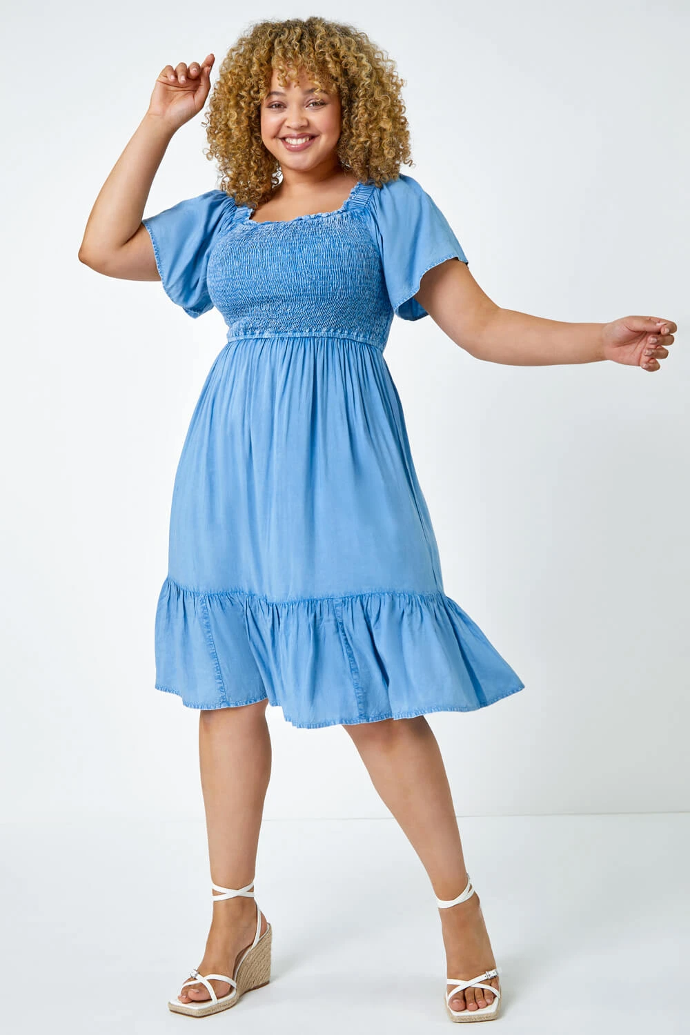 Denim Curve Shirred Stretch Dress 3 Denim Curve Shirred Stretch Dress