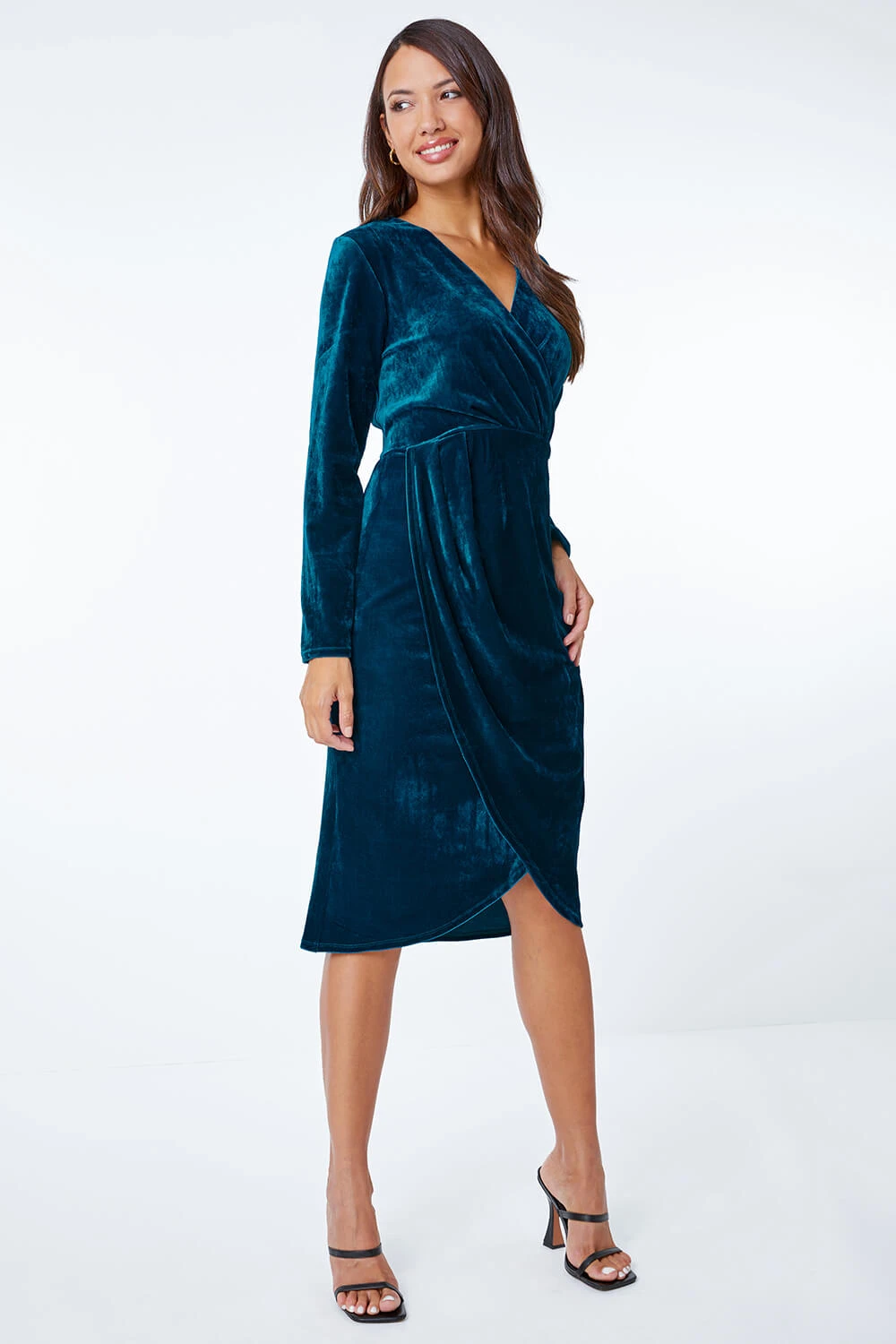 Teal Stretch Velvet Midi Wrap Dress 4 Teal Stretch Velvet Midi Wrap Dress - Image 2