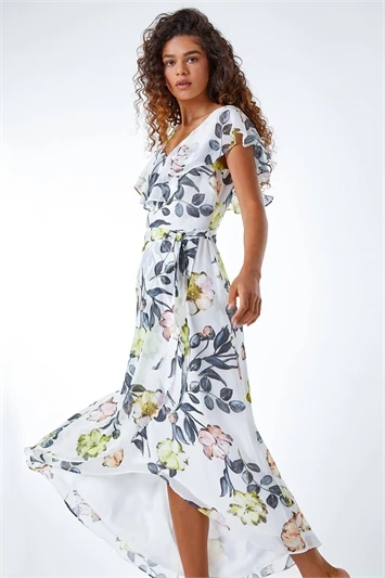 Red Floral Print Chiffon Wrap Dress 6 Red Floral Print Chiffon Wrap Dress - Image 4