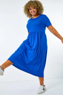 Royal Blue Curve Gathered Skirt Midi Stretch Dress -Outlet Modi Qube Store 11e84f24 5134 4f36 a963 1bdf37d0f82e