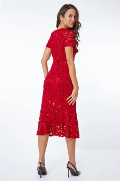 Red Leaf Lace Sequin Midi Dress -Outlet Modi Qube Store 1243799c 2fee 4523 ae5c a08a58837510