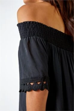 Black Textured Spot Split Sleeve Top