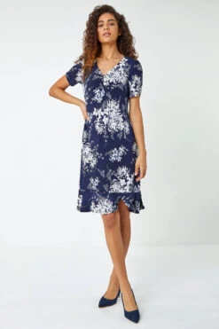 Navy Floral Print Frill Hem Dress