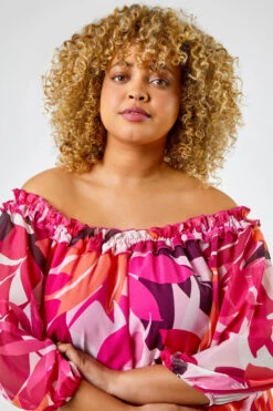 Fuchsia Curve Tropical Leaf Print Frill Detail Bardot Top -Outlet Modi Qube Store 157dfef1 dcad 4fca a943 707b6518fbe4