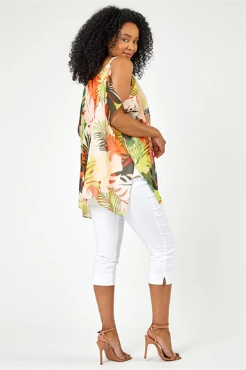 Orange Tropical Print Chiffon Hem Stretch Top 3 Orange Tropical Print Chiffon Hem Stretch Top