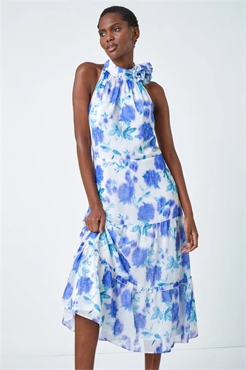 Blue Animal Print Halter Neck Midi Dress 6 Blue Animal Print Halter Neck Midi Dress - Image 4