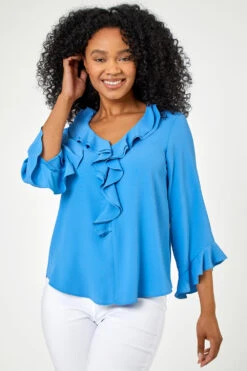Blue Petite Flared Sleeve Frill Detail Blouse