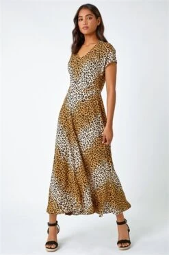 Camel Animal Print Stretch Tiered Midi Dress -Outlet Modi Qube Store 1a68fc18 717f 40cb 8229 6d9e23cc0dd7