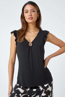 Black Ring Detail Frill Stretch Top