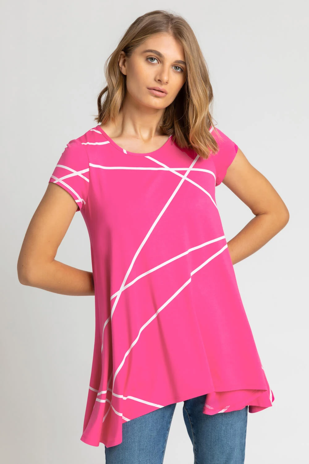 Pink Linear Print Hanky Hem Top 3 Pink Linear Print Hanky Hem Top