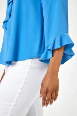 Blue Petite Flared Sleeve Frill Detail Blouse -Outlet Modi Qube Store 1c459698 67e5 45ba a1df 684f032a74f6