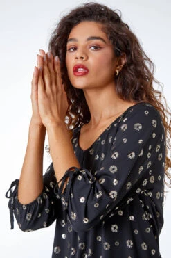 Black Metallic Spot Print Blouson Top