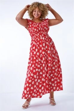 Red Curve Floral Print Midi Dress