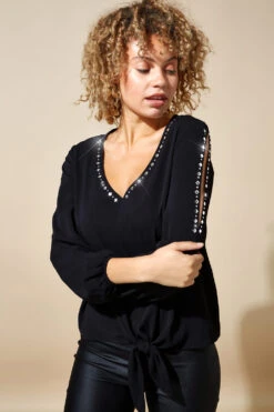 Black Stud Detail V-Neck Tie Front Top