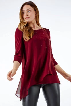Wine Embellished Chiffon Overlay Top
