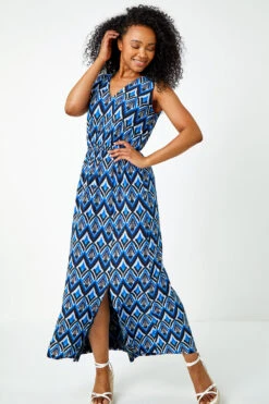 Navy Petite Aztec Print Shirred Maxi Dress