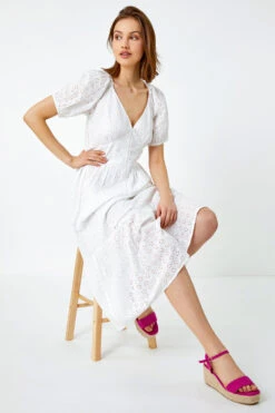White Broderie Puff Sleeve Cotton Midi Dress