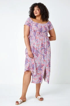 Purple Curve Paisley Print Shirred Midi Dress -Outlet Modi Qube Store 204d84bd 64e0 4aa8 9b86 81629602f283