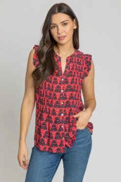 Fuchsia Sleeveless Frill Detail Floral Blouse