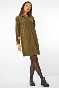Khaki Corduroy Tunic Shirt Dress