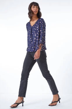 Navy Metallic Spot Print Blouson Top -Outlet Modi Qube Store 24d167bd f3bb 46fc b811 375ca7524fca