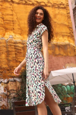 Pink Animal Print Midi Shirt Dress