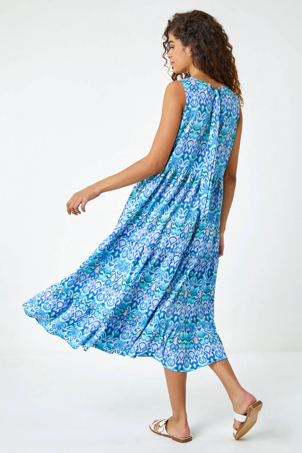 Aqua Sleeveless Aztec Print Smock Midi Dress 5 Aqua Sleeveless Aztec Print Smock Midi Dress - Image 3