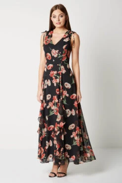 Red V-Neck Frill Poppy Maxi Dress