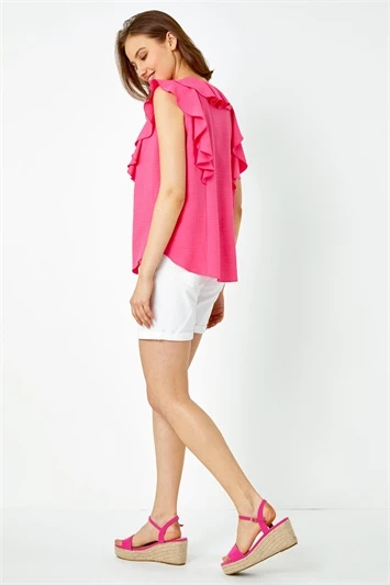 Cerise Frill Neck Plain Tie Detail Top 3 Cerise Frill Neck Plain Tie Detail Top
