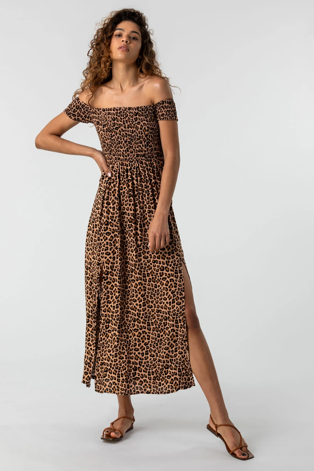 Brown Shirred Animal Print Bardot Dress 6 Brown Shirred Animal Print Bardot Dress - Image 4