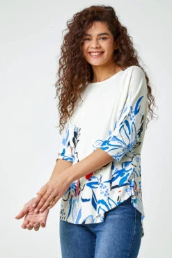Blue Floral Border Curve Hem Top