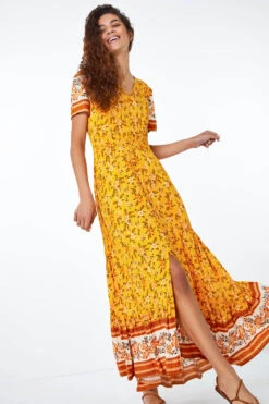 Yellow Floral Print Shirred Waist Maxi Dress